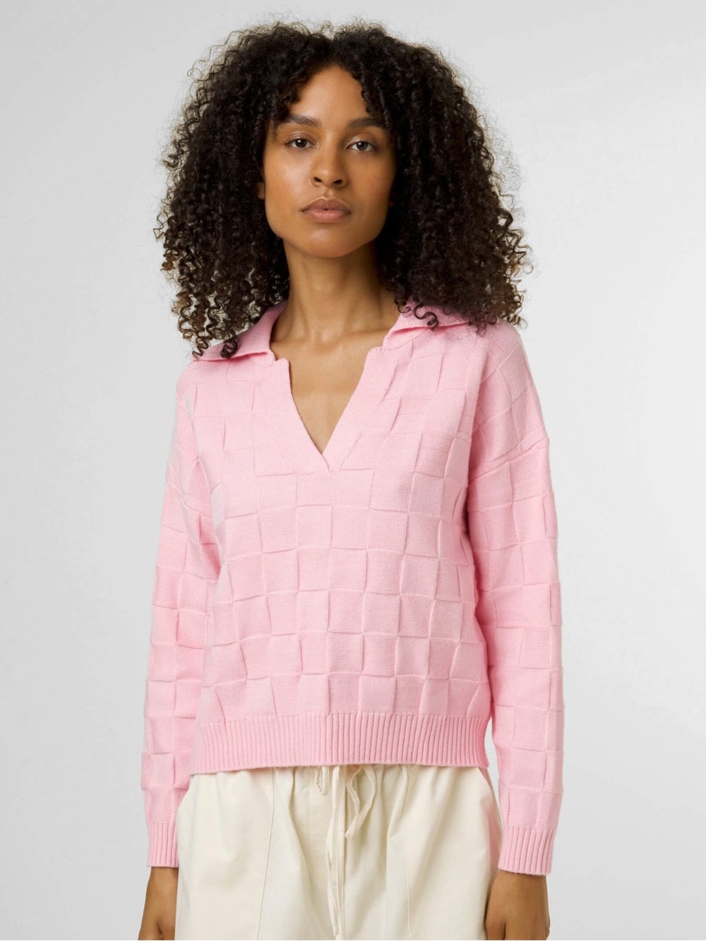 FRNCH Paris Pink Checkered Knit Collared Sweater Size M